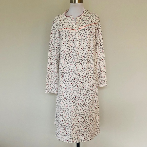 Medium Pullover Nightgown CELESTIAL DREAMS Gray Leaves Red Birds Long Sleeves - Picture 1 of 7